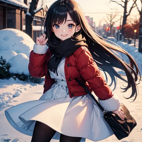 A 25 years old girl wearing winter dress, winter time,  smiling face,  looking at viewer