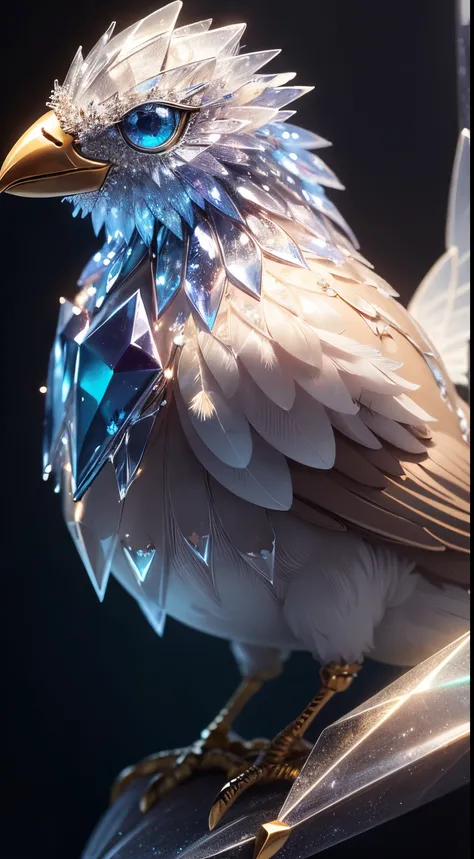 (masterpiece), (magical), close up on a [bird, cute bird sitting on the dark, beautiful wings:cristal bird, (made of crystal:1.3), crystalic,translucent, jewel, (crytalic feathers):8], product shot, close up, traced lights, mytical, mytologica,