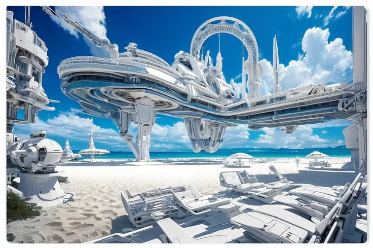 (Best quality at best,A high resolution，An all-white color palette  incredibly complex，Bionic Machinery Group),Alien world postcard, (Elegant white sand beach,Complex Machinery Group), Surreal atmosphere, Vibrant and vivid colors, Amazing panorama, dreamli...