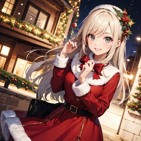 A 25 years old girl wearing Christmas dress, Christmas time, smiling face, looking at viewer