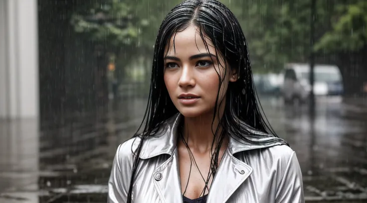 «»A captivating photorealistic image of a woman caught in a torrential downpour at dawn. La lluvia cae fuerte, leaving her completely soaked from head to toe. El cabello de la mujer se aferra a su cara, y gotas de lluvia gotean por su ropa, Enfatizando la ...