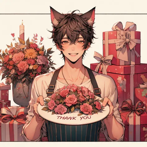 Masterpiece, highest image quality, highest quality, , Clear line drawing, transparent watercolor, clear shading, Beautiful young man, front view, dark hair, short hair, cat ears, holding a plate that says "thank you", piles of gifts, festive flowers, and ...