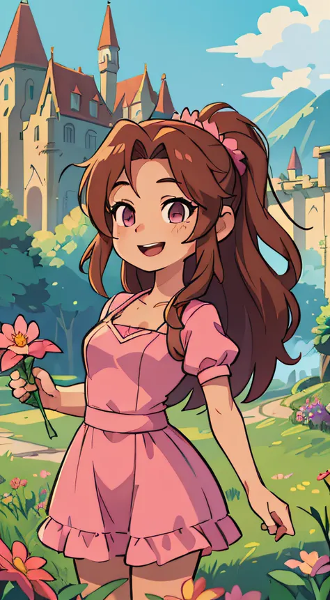 ((best quality, masterpiece)), 1girl, Aerith from final fantasy, flowers, pink dress, outdoor, clouds on background, fantasy, medieval, castle on background, smiling