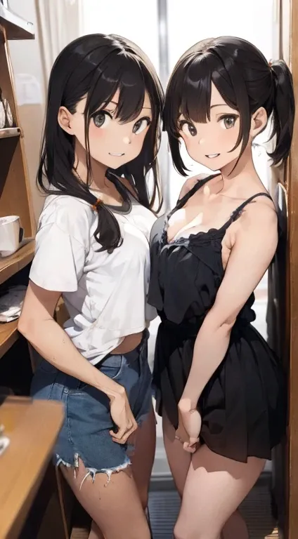 (((2girls))),one girl is(((half twin wavy hair)))Doing.,The other girl is、 (((Short hair))),a baby face,a small face,A smile,a beauty girl,cute little,Dynamism,cleavage of the breast,Voluptuous thighs,Big buttocks,Ultra-high resolution,ultra-quality,Hi-Res...