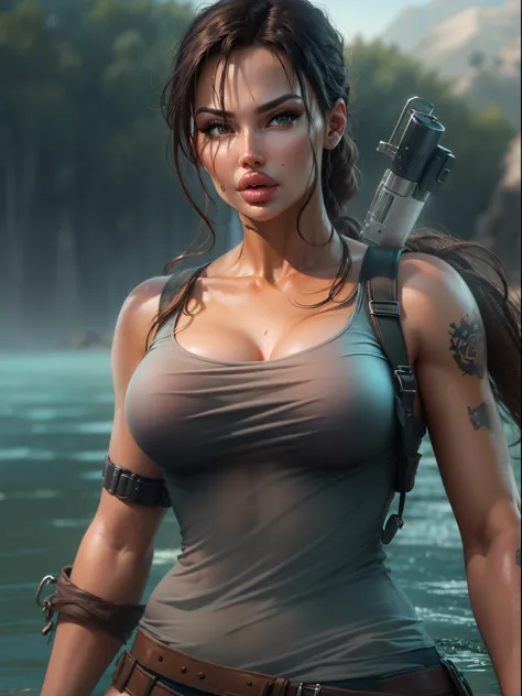 Lara croft em um lago, pose sexy, em um micro short, olhos azuis,  Seios enormes, decote, body curvy, melhor qualidade, 8k,