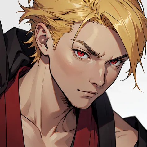 anime image of a young man with blonde hair and red eyes, very short hair, 1man, solo man, male anime character, head shot, close up shot,  background, ninja clothing, traditional japanese clothing, dark clothing