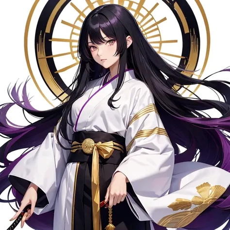 stature:150cm hair:long black hair eyes:Golden eyes double clothes:Demon Killing Squad Clothing、A white haori over a purple-based kimono with gold embroidery. Holds a Japanese sword with a golden sheath and a purple blade. Age 18 years old. Highest image q...