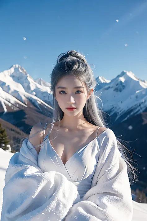 Photographic realism、quality、超高分辨率、photore、（fully body photo）（The figure  good）（Very detailed faces），（intricately details）The makeup of the princess on the snow mountain  elegant and pure，Has long blue-white hair，Her face exudes healthy rosiness，The eyes a...