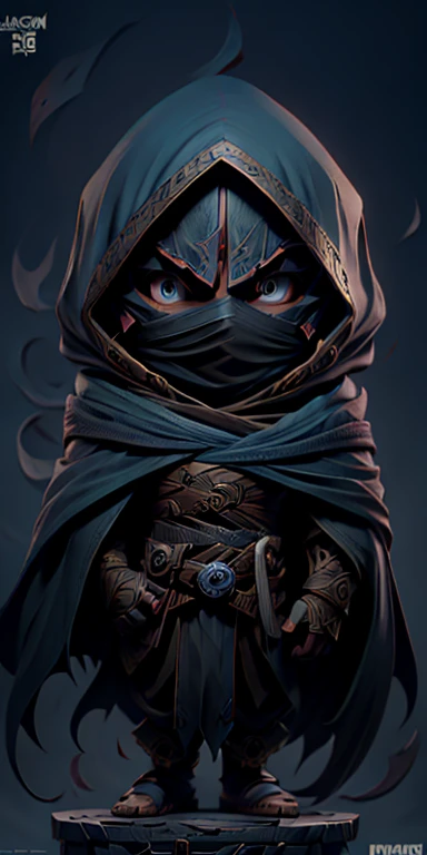 Chibi anime character of an assassin in black robes a mask and a hood with blue eyes, young male, mask over nose and mouth