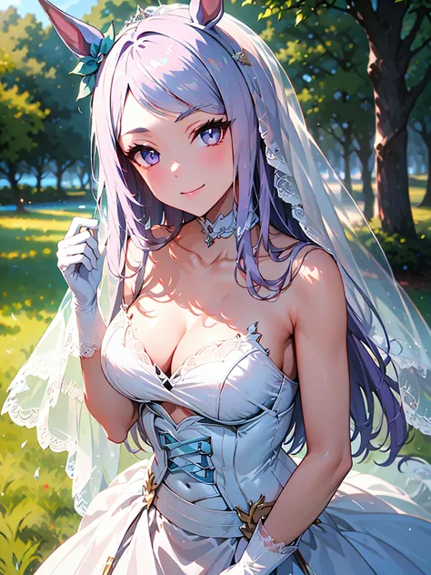 ((Masterpiece), (Best Quality)) 1girl, Mejiro McQueen, Mejiro McQueen(umamusume), silver hair, long hair, horse ears, horse girl,, gloves, dress, cleavage, bare shoulders, collarbone, white oprea gloves, white gloves, white dress, strapless, white choker, ...