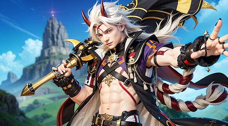 a young man showing his sixpack, white hair, realistic, red horns on his head, having a big black and yellow sword