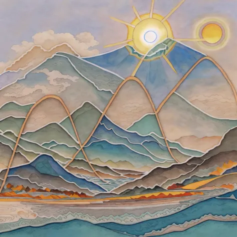 a close up of a drawing of a mountain with a sun, outlined art, sunrise coloring the room, pastel  art, mountains and oceans, mountain,  drawing, mountains, mountains on the background, mountains and ocean, hills and mountains, artistic drawing, sketch of ...