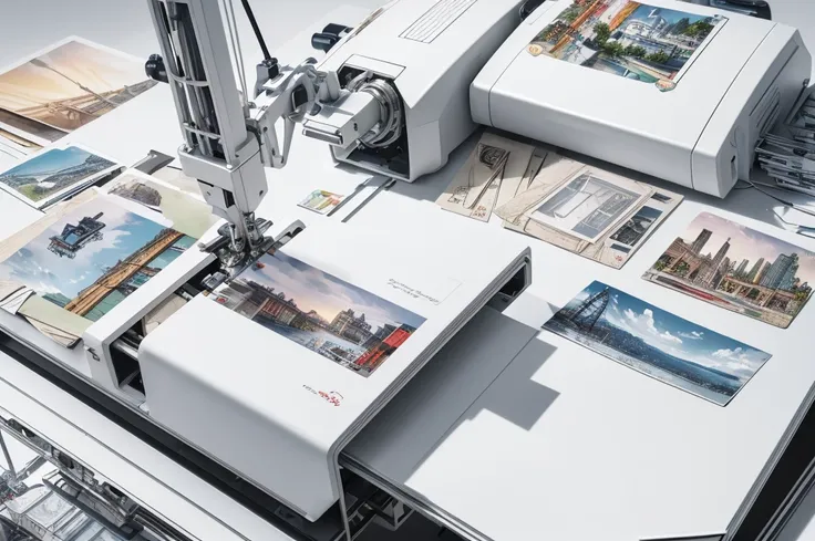 (((Multiple postcards on the work table))),(Best quality,A high resolution，An all-white color palette  incredibly complex，The picture on the postcard  Bionic Machinery Group)