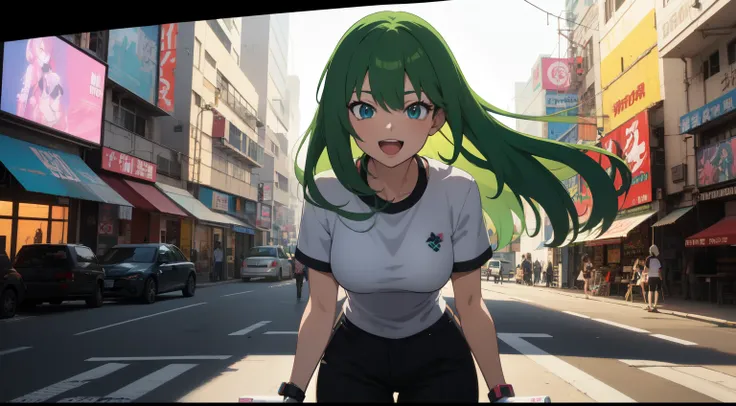 uma mulher com olhos verdes e blusa preta em frente a um sinal verde, Garota de Anime Cyberpunk com capuz, Anime girl dancing excitedly, menina de Anime com sorriso, arte cyberpunk anime, arte digital do Anime Cyberpunk, Aura verde, cyberpunk digital - art...