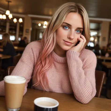 1 pretty young woman wearing cozy sweater sitting at the table in crowdy bar, BREAK (ombre:1.3) blonde pink BREAK film grain, high quality photo taken with iphone camera