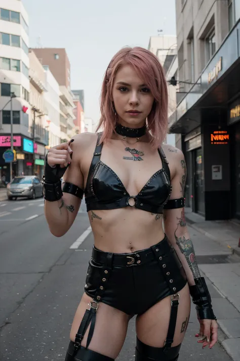 Photography of a female with a computer, pink hair with piercing and cyber implants, tatoo, metallic arm, with leather clothes, in a cyberpunk world, in front of a bank, in the street