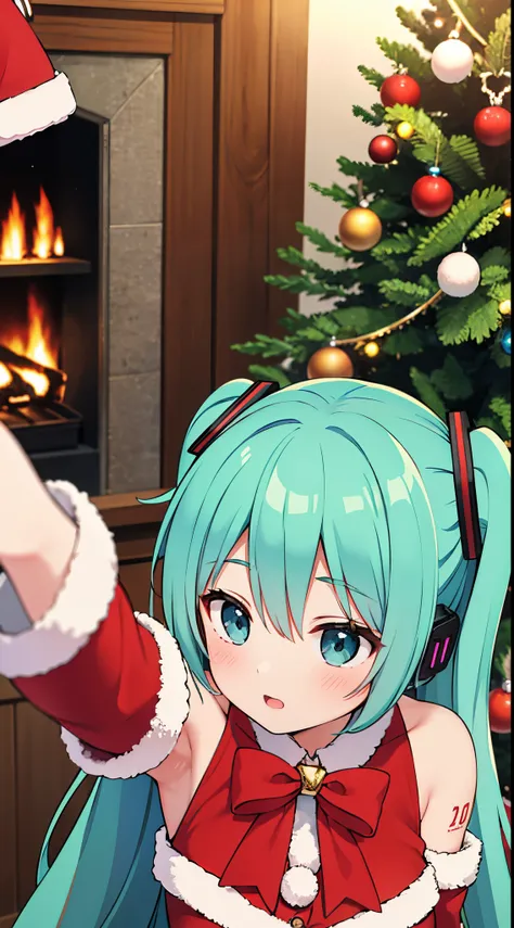 (absurdres, highres, ultra detailed, HDR), masterpiece, best quality, hatsune miku in Christmas costume, detailed scenery