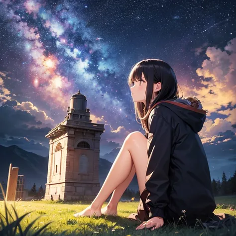 A 25 years of girl sitting on grass, looking at sky, the sky full of stars and galaxy,  masterpiece, high resolution