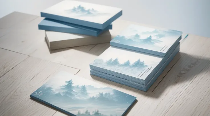 （（（Close-up of two postcards with white artistic borders，Stacked on a light blue mottled wooden table,4K,A high resolution，Extremely sophisticated and complex）））,Ethereal atmosphere,（（pure white palette））,Peaceful and quiet atmosphere