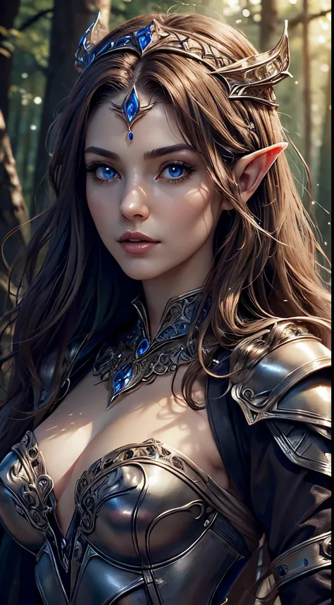 1 woman, mature woman, solo focus, 25 years old, beautiful elvish woman, long brown hair, intricate headpiece, intricate armored...