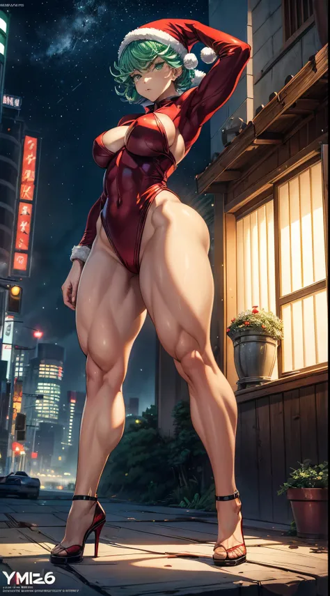 (((1 girl))), wearing the Santa hat, (Tatsumaki of a punch man), (short green hair), (green eyes), small chest, (((wearing sexy red Santa Claus outfit with comes out very short))), (((full body view))), (in the city of Tokyo Japan at night with starry sky ...