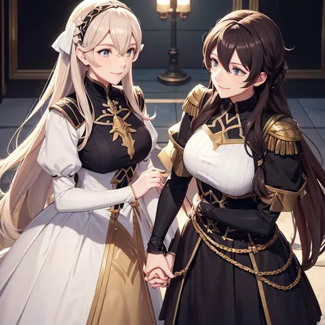 corrin fire emblem fates. claude von riegan fire emblem three houses. holding hands. smiling at each other. in love.