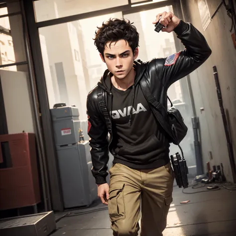 dylan o'brien, 20 age, small black hair. small brown eyes, light brown skin, full body, gta style, war, shooter, holding guns, v...