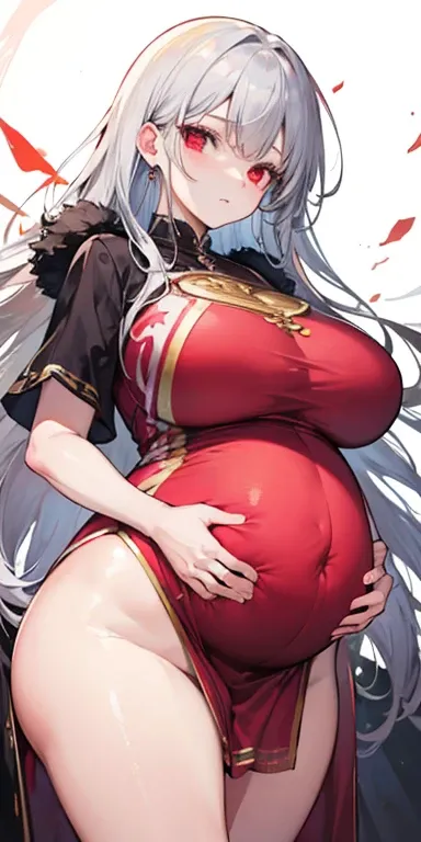 Gray hair, long hair, red eyes, pregnant women, ((super large belly)), oversized breasts, senior sister,