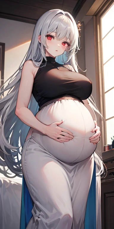 Gray hair, long hair, red eyes, ((pregnant women)), ((super large belly)), oversized breasts, senior sister,