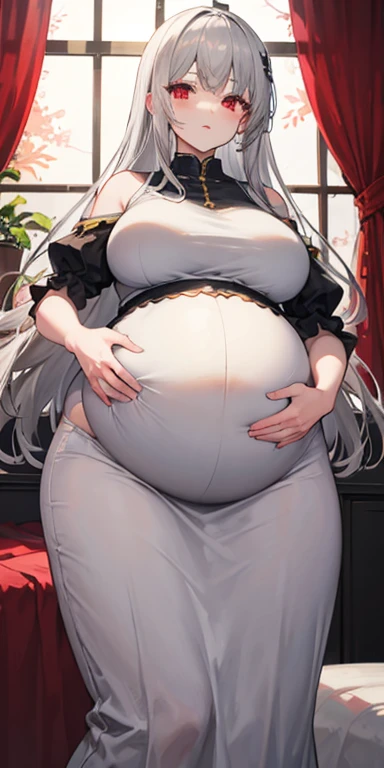 Gray hair, long hair, red eyes, ((pregnant women)), ((super large belly)), oversized breasts, senior sister,