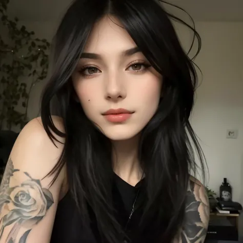 a close up of a woman with a tattoo on her arm, Ela tem cabelo preto com franja, cabelos pretos e olhos grandes, cabelo preto longo com franja, Anna Nikonova aka Newmilky, 1 7 - year - old goth girl, Mia Kischner, rosto extremamente bonito, cabelos escuros...