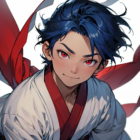 anime image of a male child with dark blue hair and red eyes, very short hair, 1child, male anime kid character, happy expression, head shot, close up shot, white background, traditional japanese clothing, dark clothing