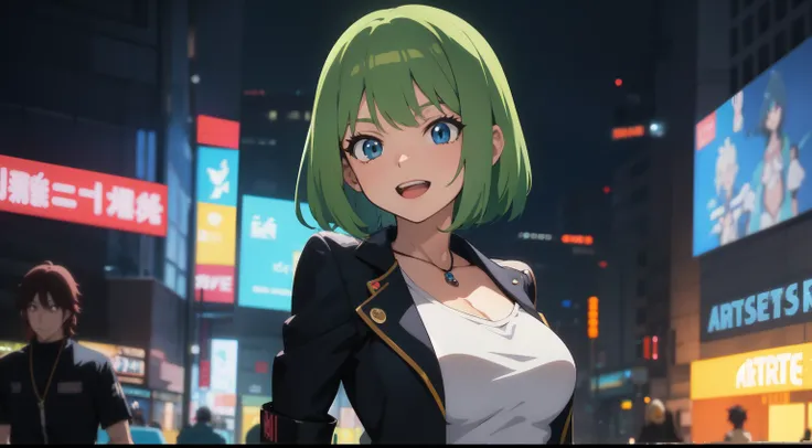 uma mulher com olhos verdes e blusa preta em frente a um sinal verde, Garota de Anime Cyberpunk com capuz, Anime girl dancing excitedly, menina de Anime com sorriso, arte cyberpunk anime, arte digital do Anime Cyberpunk, Aura verde, cyberpunk digital - art...