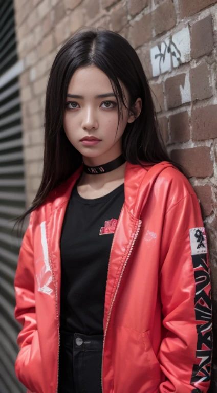 best quality, intricate details, chromatic aberration, 

1girl, long hair, black hair, messy hair, red highlights, hair over one eye, red eyes, sharp eyes, 

choker, neon shirt, torn legwear, open jacket, 

against wall, brick wall, graffiti, glowing grafi...