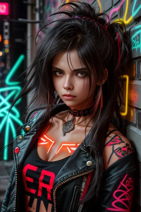 best quality, intricate details, chromatic aberration, 

1girl, long hair, black hair, messy hair, red highlights, hair over one eye, red eyes, sharp eyes, 

choker, neon shirt, torn legwear, open jacket, 

against wall, brick wall, graffiti, glowing grafi...