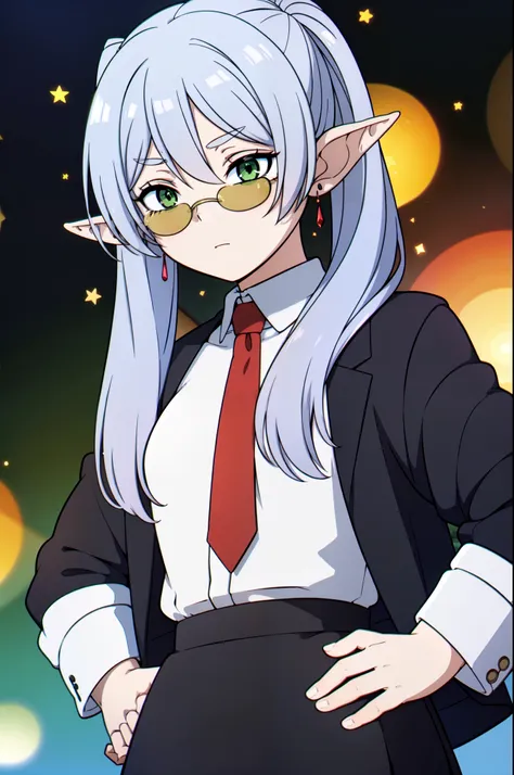 masterpiece, best quality, 8k, 1girl, solo, frieren, long hair, twintails, (green eyes:1.2), grey hair, pointy ears, elf, seriou...