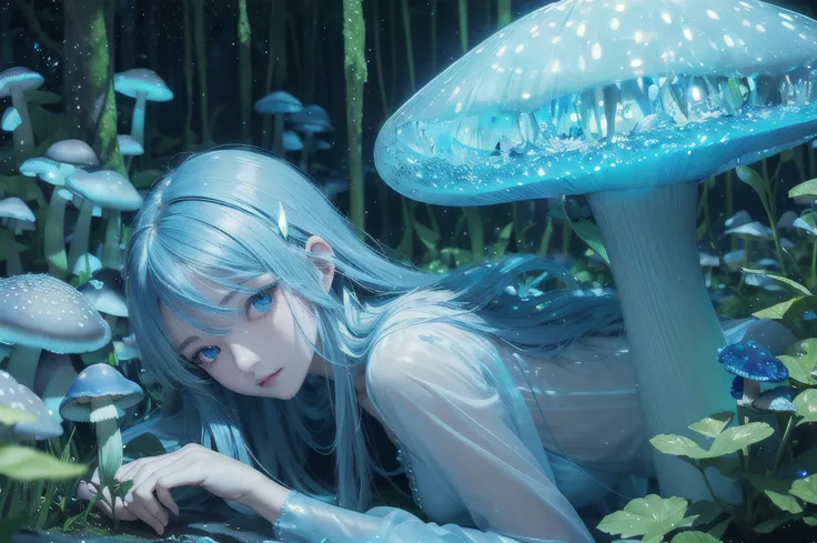 (Best quality,A high resolution),((Transparent blue glowing mushroom,Crystal clear details)),(Cover one eye with a glowing mushroom、An extremely calm and mysterious young man,Delicate close-up of the face),gentlesoftlighting,like a dream,Fairytale,Whimsica...