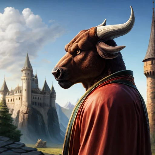 portrait bull wearing brown traveling robes, castle background, intricate, photorealistic, highly detailed, 8K, stoic expression, medium-length horns, two-tone fur, brown and white furred body,