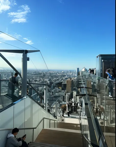 People sitting on the stairs of a building overlooking the city, Observation deck, tokyo in the background, Look from the top, Tokyo futuristic clean, Tokyo, sky bridges, in this way, toyko, tokyo city in the background, Very high field of view, Tokyo roof...