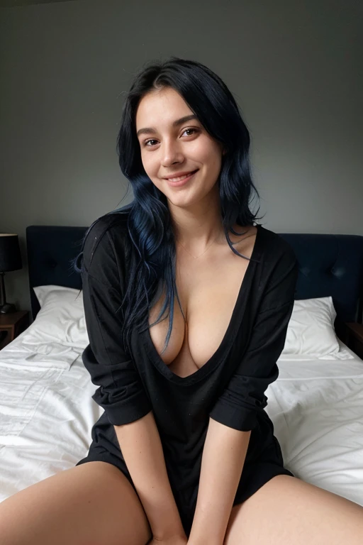 dark and blue hair, sitting on bed, smiling to the camera, 22 years old, black shirt with cleavage