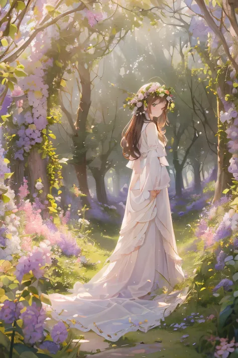 (shot from head to toe, Artistic angle: 1.6)、Portrait of the bride, With layers of A-line ruffles and delicate floral and pattern embroidery.The Hobbit Wedding. Chapel in the forest. The tree々The sun shines on the bride、Creates a magical atmosphere. put a ...