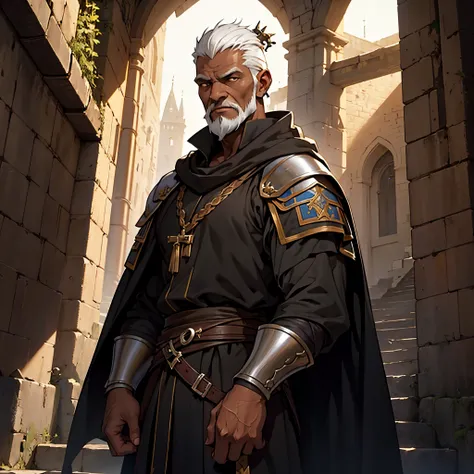 ​masterpiece, Best Quality, detailed, Cinematics, 4k, Background with: medieval dungeon stairs, Black Hun Mercenary, Bald old man with white hair.....,