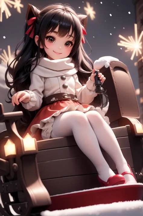 amasterpiece, best quality, 8k, cinematic light, ultra high res, chibi, cute girl smiling sitting on a sleigh, (bigfeet:0.4), (b...