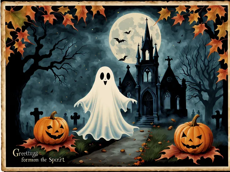 (vintage:1.3), (solo:1.3), design a standing (captivating gothic postcard) with a cute floating ghost surrounded by eerie moonlight and mist, mischievous smile, haunting glow over an old cemetery in the background, (the postcard has handwritten text that r...