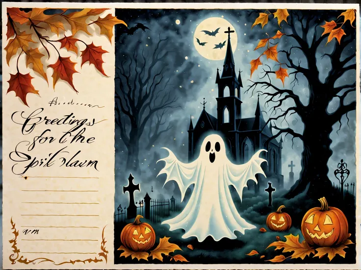 (vintage:1.3), (solo:1.3), design a standing (captivating gothic postcard) with a cute floating ghost surrounded by eerie moonli...