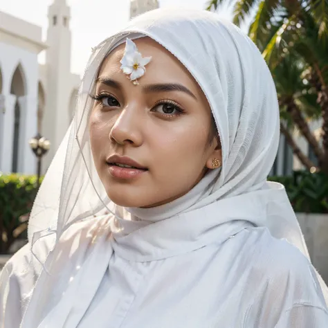 (best quality, masterpieces:1.2), ultra-detailed, perfect face, Indonesian women, white skin, small nose, wearing hijab, elegant Muslim wear, background in Dubai, vibrant colors, soft lighting, photo-realistic:1.37