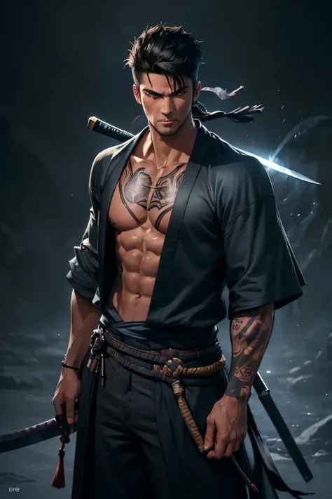 (best quality,ultra-detailed,photorealistic:1.37),portraits,blue kimono,muscular slim athletic physique,red eyes,black sandals,scarred,man,swords sheathed on hip,closed chest,messy black hair,string muscles,confident expression,determined gaze,body tattoos...