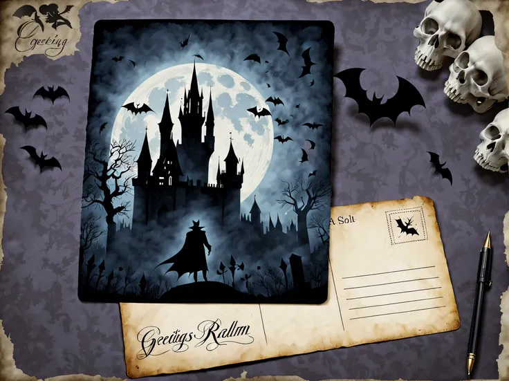 (vintage:1.3), (solo:1.3), design a (captivating gothic postcard) with old-fashioned handwriting featuring a silhouette of a vampire against a full moon backdrop, standing on top of a gothic castle, with bats flying around and a misty graveyard in the fore...