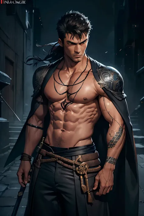 (best quality,ultra-detailed,photorealistic:1.37),portraits,blue kimono,muscular slim athletic physique,red eyes,black sandals,scarred,man,swords sheathed on hip,closed chest,messy black hair,string muscles,confident expression,determined gaze,body tattoos...