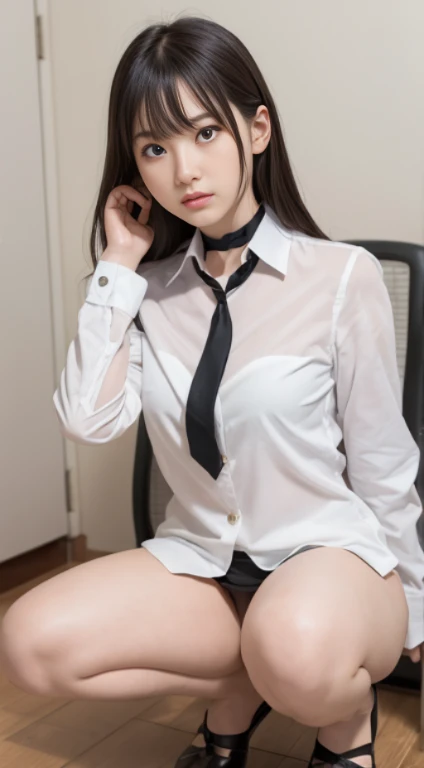 24 year old woman squatting in a luxurious room, Wearing a bold miniskirt and showing off white panties.,Bold poses，Dynamic pose with legs spread, Office Suits, Black stockings, garterbelts, bold white shirt, choker necklace, tense look,Young Pretty Gravur...